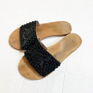 Anthropologie Stephanie Handmade Embroidered Slides Sandals Size 7 Black Floral